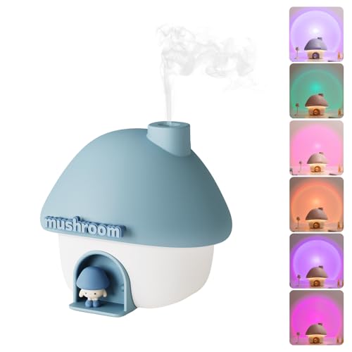 Justup Luftbefeuchter, 300ml Süße Pilz Haus Befeuchter USB Mini Luftbefeuchter mit 7 Farben Licht, Automatische Abschaltung und Leise für Büro,Schlafzimmer,Auto,Desktop (Blau)