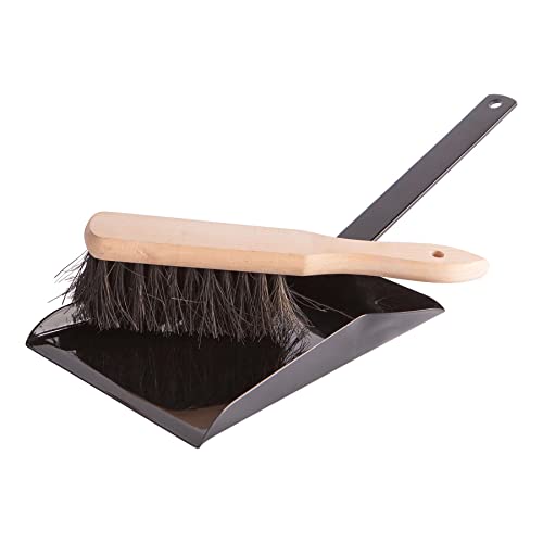 Hammer & Tongs Fireplace Dustpan and Brush Set - Black Gloss Iron Hearth Cleaning Tools with Wooden Handle Brush - Durable Fireside Accessory for Ash, Soot and Debris