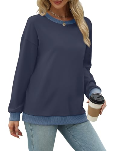 Image of Saloogoe Sweatshirts for Women Crewneck Long Sleeve Loose Fit Tops Color Block Ribbed Trim Fashion 2025