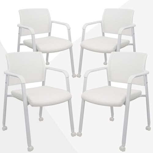 Image of CLATINA Rolling Conference Chairs, 4 Pack Stackable with Wheels and Paddle, Ergonomic Mesh Back and Arms for Meeting, Conference, Training Room & Home Office (White)