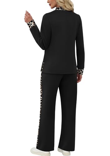 Image of WIHOLL Two Piece Sets for Women Fall Travel Vacation Outfits 2026 Long Sleeve Lounge Sets Side Slit Wide Leg Pants XS-3XL