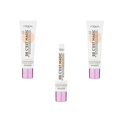 L'Oréal Paris BB cream perfeccionador de tez 5 en 1 hidratación 24H/FPS 20-03 Medio Claro, Juego de 3 (3 x 30ml)