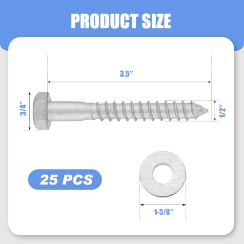 Image of Hicarer 25 Pcs 1 /2 inch X 3-1 /2 inch Hex Head Lag Screws Bolts with Washers Kit for Wood Hot Dip Galvanized Lag Bolts Heavy Duty Screws Kit