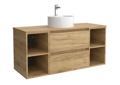 Salgar Mueble de Baño Bequia Plus 120 cm 2 cajones y 2 coquetas Laterales 2 Huecos Roble con Lavabo sobre encimera