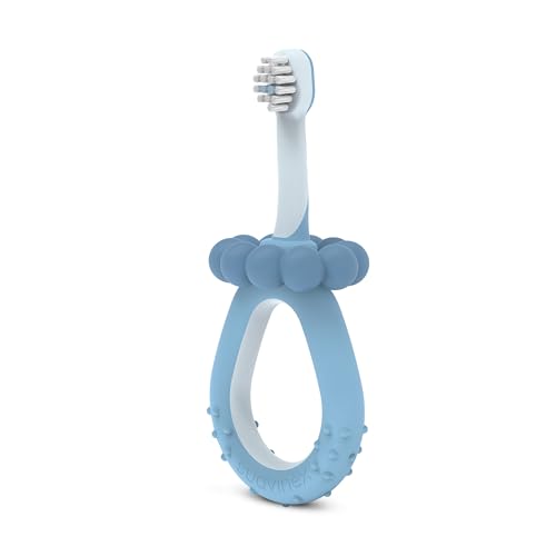 Suavinex, Cepillo Dientes para Bebés de 0 a 2 Años, Cerdas Súper Suaves, Ideal Encías Sensibles, Mango Ergonómico, Texturizado y Antideslizante, Tope de Seguridad Extraíble, Raspador Lingual, Azul