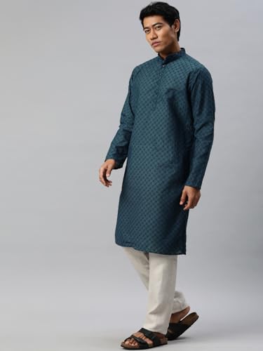 Image of Majestic Man Men's Cotton Blend Regular Fit Casual Polyester Mandarin Collar Ethnic Motifs Embroidered Long Regular Kurta