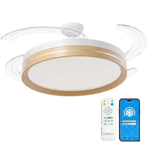 LEDUNI Ventilador con Luz LED con mando+APP 50CM, Motor DC +Luz LED, 66W 8280LM, temporizador, 6 velocidades, 4 aspas retráctiles, 3 temperaturas de luz, función verano-invierno Silencioso (Madera)