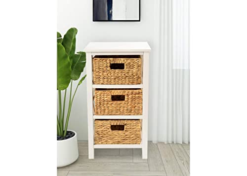 eHemco 3 Tier X-Side End Storage Cabinet with 3 Wicker Baskets, White, CS5194