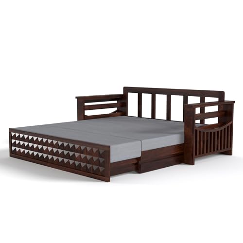 Image of Mamta Furniture Solid Sheesham Wood Sofa Set 3 Seater Furniture Wooden 3 Seater Sofa Cums Bed for Home Living Room with Cushions (Walnut with Grey, 3 Seater Design 2)