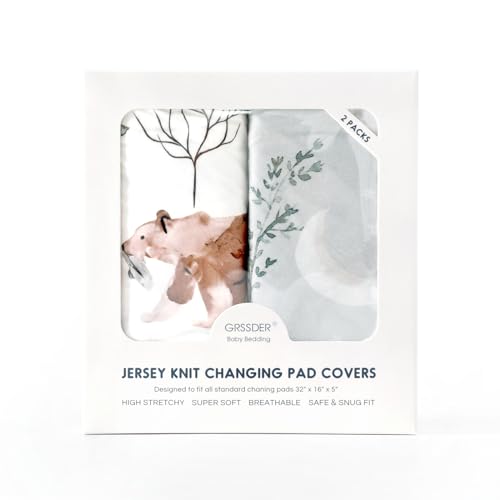 Image of GRSSDER Stretch Ultra Soft Jersey Knit Changing Pad Cover Set 2 Pack, Change Table Pad Covers Fit 32 inch /34 inch x 16 inch Pads Safe and Snug, Pretty Pattern for Boys and Girls, Bear and Wolf Print