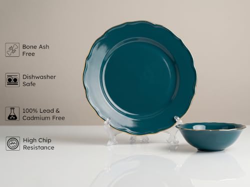 Image of Bodhi House 12-Piece Gold Rim Porcelain Dinner Set | Plates & Bowls Set | Lightweight | Dishwasher Safe | Ideal for Home Dining, Parties & Gifting Tableware Set | Teal