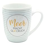 Dekohelden24 Kaffeebecher/Tasse aus Porzellan, Motiv: Meer Macht Glücklich. Größe H/Ø: 9,8 x 8,2 cm, Fassungsvermögen 250 ml, Spülmaschinengeeignet