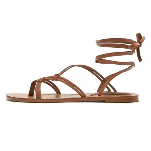 Women Leather Strappy Flat Toe Clip Gladiator Sandals Summer Wrap Open Toe Tie Up Comfortable Ankle Strap Beach Travel Sandals