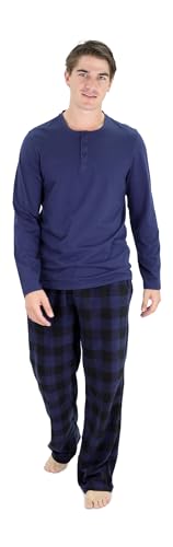 Cherokee Men's Pajama Set, Long Sleeve Cotton Top & Micro Fleece Pants, Breathable Cozy Loungewear