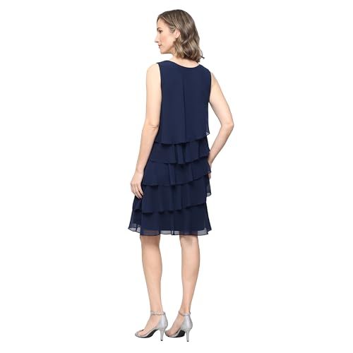 Image of S.L. Fashions Women's Chiffon Tiered Jacket Dress with Beaded Neckline Mother of the Bride, Cocktail, Or Wedding Guest Dress