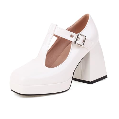 Women’s Platform T-Strap Mary Jane Shoes Chunky Block High Heels Ladies Closed Square Toe Dress Pumps with Buckle for Office Party Wedding Casual