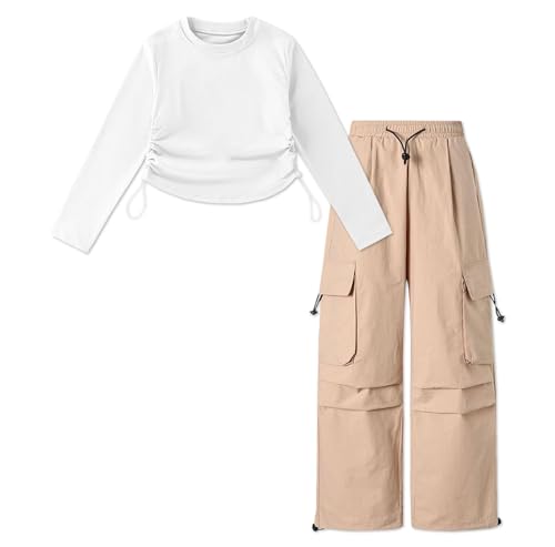 Image of Betusline Girl's 2 Piece Outfits, Cute Girls Fall Clothing Sets Cargo Pants + T-Shirt Top, 4T-14 Years