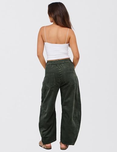 SeekMe Women's Corduroy Pants Barrel Mid-Rise Elastic Waist Cord Pants Casual Wide Leg Baggy Trouser with Pockets4