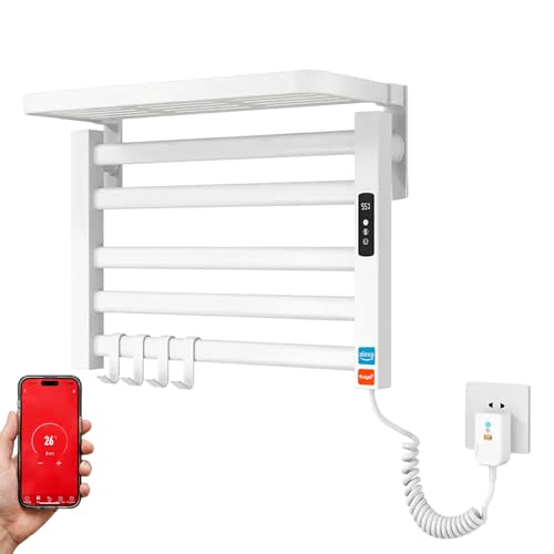 YOEVU | Toallero eléctrico | Mediano, 100W, Aleación de Aluminio | Estante Superior, Pantalla LCD táctil, Control WiFi, Compatible con Alexa y Google Home | Blanco