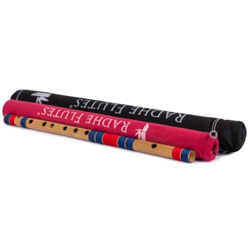 Image of Radhe Flutes Bamboo Bansuri C Sharp Right Handed Middle Octave (18 inch) With Hard Cover (Beige Flute With Dark Blue & Red Threads)