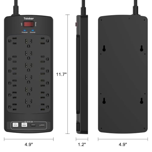 Image of 18 Outlets Surge Protector Power Strip - Teiobar 10 Feet Flat Plug Heavy Duty Extension Cord with 18 Widely Outlets and 4 USB Ports, 2100 Joules, Black, ETL Listed