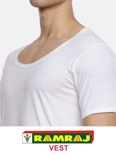 Image of RAMRAJ COTTON Men's White Round Neck Half Sleeve Ultrasoft Cotton Undershirt |All Day Comfort Vest /Banian