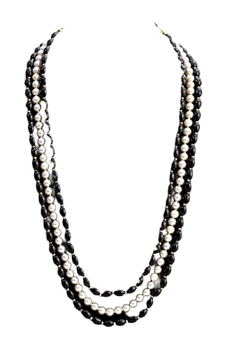 AAMRAPALI Multi-Strand Pearl Beaded Necklace, Three-Row Layered Jade Stone New Stylist Jewellery Design - Yellow::White-image-22