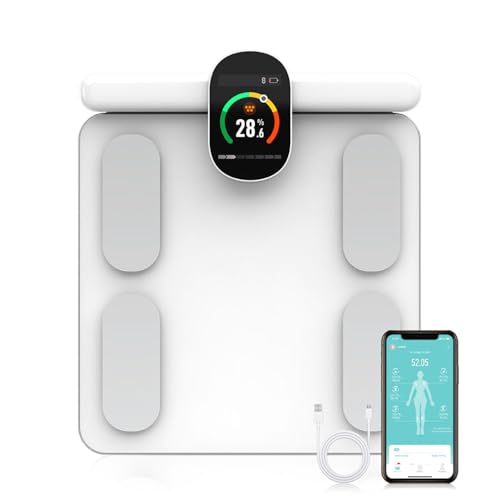 Fitdays FG2305ULB - Báscula inteligente de análisis corporal (8 electrodos, precisión digital, con 20 métricas, indicador de color Bluetooth para músculos/grasa/agua, sincronización familiar para 6