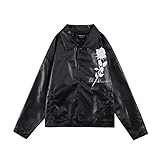 CHOUBAGUAI High Street Buchstaben und Blumenstickerei Weiß Schwarz PU Lederjacke Herren Vintage Revers Harajuku Übergröße Winterkleidung - Schwarz, XL