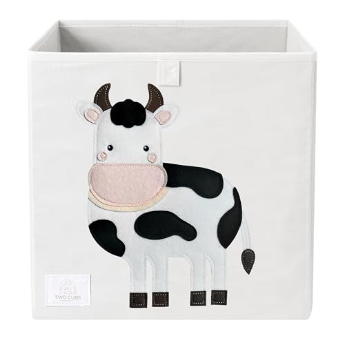 Image of Two Cubs Storage Box - Kids Toys Organizer (13"x13"x13"), White, Foldable Toy Storage Bin, Nursery Storage Basket, Cube Organizer for Ikea Kallax Shelves, Durable, Collapsible, Farm Animal - Cow