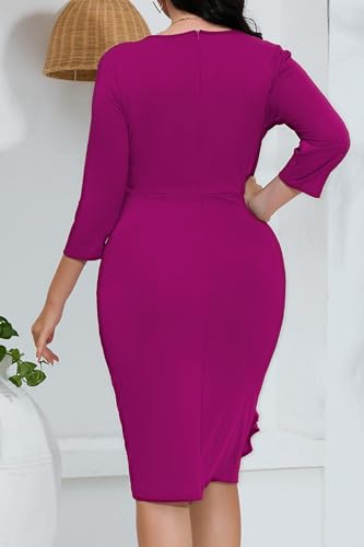 Image of Plus Size Dresses for Curvy Women 3 /4 Sleeve Bodycon Fit Ruffle Midi Pencil Dress