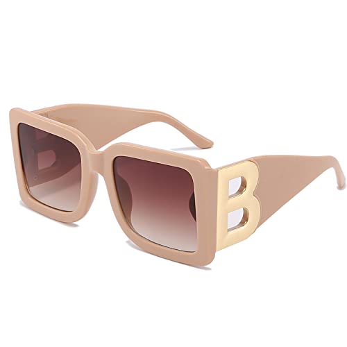PORADAY ファッション ラージ スクエア サングラス レディース メンズ トレンディ ブラック 厚手 フレーム ラグジュアリー デザイナー サングラス モダン ビッグフレーム, ベージュ/グラデーションブラウン。, MM