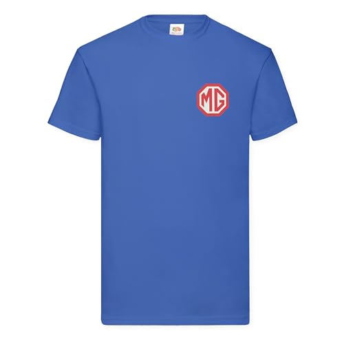 Image of MG Badge T-Shirt Red & Cream Logo Classic British Car Enthusiast Official Licenced Product (UK, Alpha, XXL, Regular, Regular, Royal Blue)