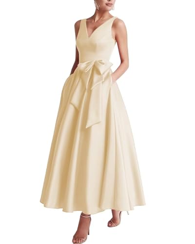 TIRAS Tea Length Mother of The Bride Dress with Pockets Satin V-Neck Sleeveless Formal Evening Dress with Bow CM462