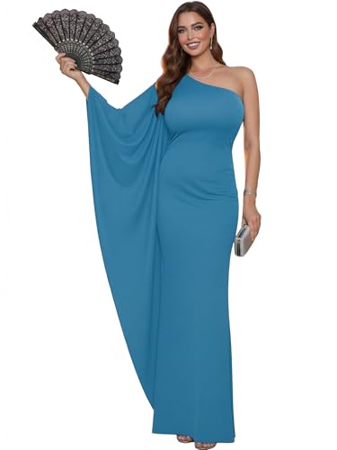 KOH KOH Plus Size Womens Long One Off The Shoulder Evening Cocktail Bridesmaid Wedding Party Tube Guest Summer Formal Flowy Elegant Sexy Gown Gowns Maxi Dress Dresses Blue Teal Quartz L 12-14