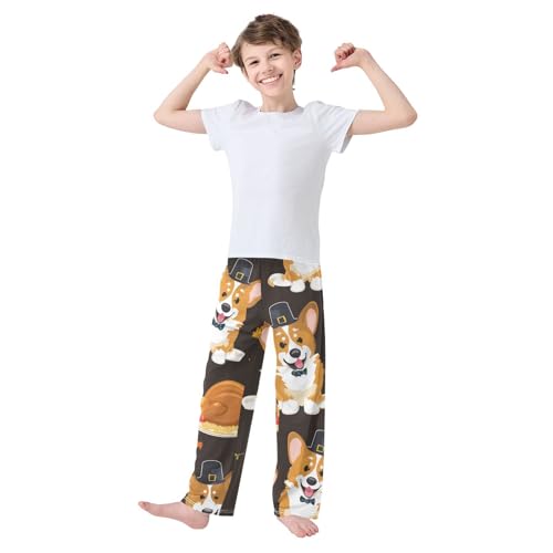 Corgi Dog Turkey Maple Boys Long Pants Soft Trousers Elastic Waist Kids Lounge Bottoms with Pockets S-XL3