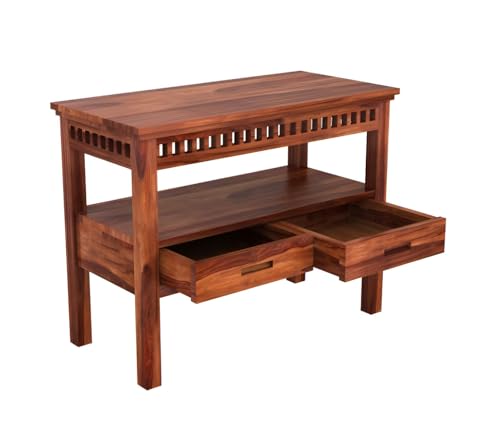 Image of Sheesham Wood Console Table for Living Room | Solid Wood Entryway Hallway Sofa & Fish Tank Table with 2 Drawers & Shelf Storage | Rosewood Honey Finish
