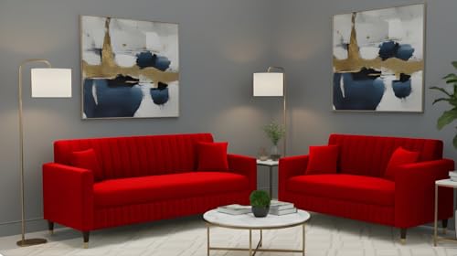 Image of AMATA Omega 3+2 Seater Suede Velvet Fabric Sofa Set with Two Cushions Perfect for Home Office Guests Living Room (06 red, Omega 3+2 Seater Sofa)(3 Year Warranty)