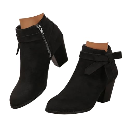 Women's Tie Knot Chelsea Pump Ankle Boots Closed Toe Stacked Heel Booties Shoes Faux Suede Side Zipper Western Booties High Heel Fall Winter Shoes