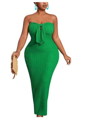 Image of WDIRARA Women's Plus Size Strapless Sleeveless Tie Front Bodycon Dress Party Club Tube Dresses