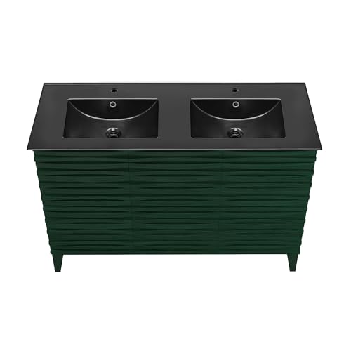 Image of Swiss Madison Cascade 48 inch Freestanding Bathroom Vanity in Green Oak with Black Double Basin Sink Top