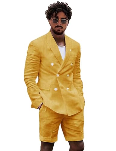 Linen 2 Piece Double Breasted Suit Men Summer Shorts Casual Blazer Tuxedo Groom Beach Wedding Dress (Blazer+ Shorts)