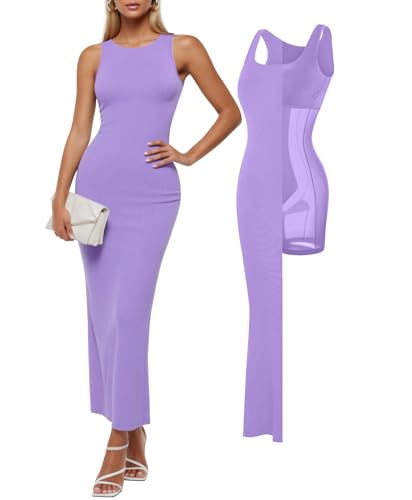 Image of Popilush Built-in Bra Shapewear Maxi Long Dresses for Women Bodycon Sleeveless Modal Casual Formal Tummy Control Dress