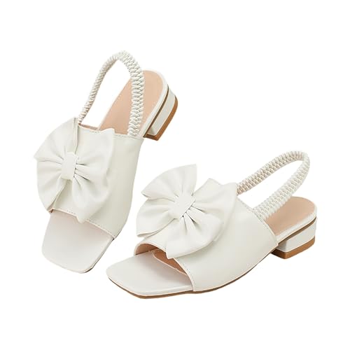 IWIHMIV Girls Sandals Square Toe Low Heel Dress Elastic Ankle Strap Bow Flower Wedding Party Shoes for Little Kid2