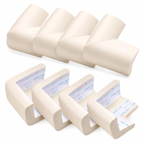 SKY-TOUCH 8 PACK Baby Safety Corner Guard Hefty-Fit Heavy-Duty Soft NBR Rubber Foam Furniture Fireplace Safety Bumper Guard Off-White with Stick Tape