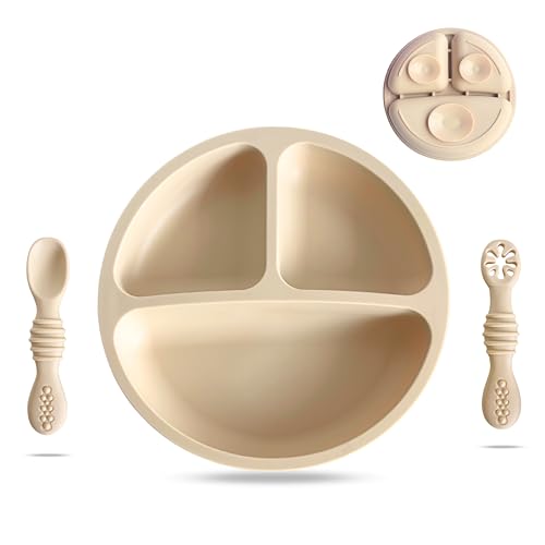 BALANCEX Plato Bebe de Silicona con Ventosa y 2 Cucharas de Aprendizaje, Plato Blw, Cuchara Bebe Aprendizaje, Nivel 1 y 2, Vajilla Bebe para Alimentación Segura y Fácil