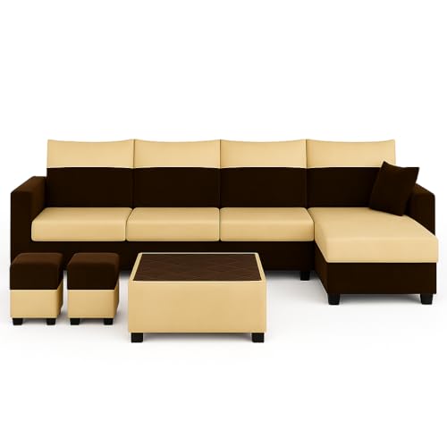 Image of FURNY Arissa 8 Seater Fabric RHS L Shape Sofa Set with 1 Centre Table & 2 Puffy (Cream-Dark Brown) Premium Velvet Finish | Durable Comfort | Ideal for Living Room