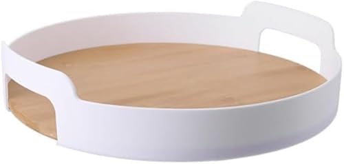 AZIEBAY木制トレイ 丸型 & 花形デザイン 和風 × 北欧調 キッチン卓上用 ティー・コーヒー・フルーツ・定食盛り付け おしゃれお盆大皿