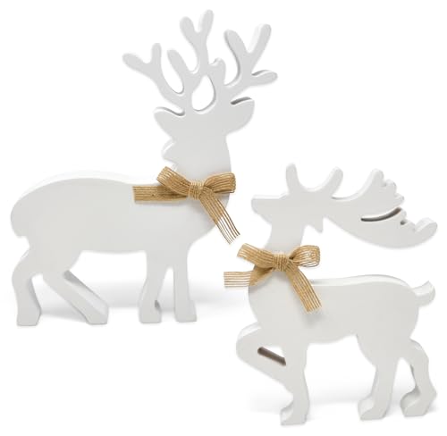 Gift Boutique - Set of 2 Wooden Christmas Reindeer Table Decorations Centerpiece Holiday Rustic White Wood Reindeers Figurine Tiered Tray Tabletop Sign Decor for Office, Room, Home Xmas Party Supplies