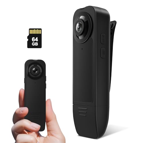 Bodycam, Mini fotocamera per il corpo con registrazione audio e video con scheda di memoria da 64 GB, 1080P HD, grandangolo con clip posteriore, rilevamento del movimento della visione notturna per